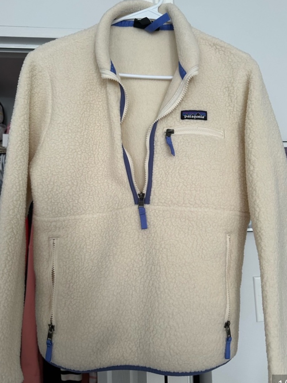 Patagonia Cream Retro Pile Fleece Pullover with Navy Trim